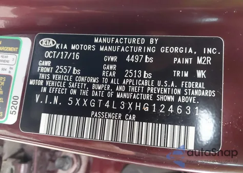 2017 Kia Optima Lx from USA, damaged, VIN 5XXGT4L3XHG124631